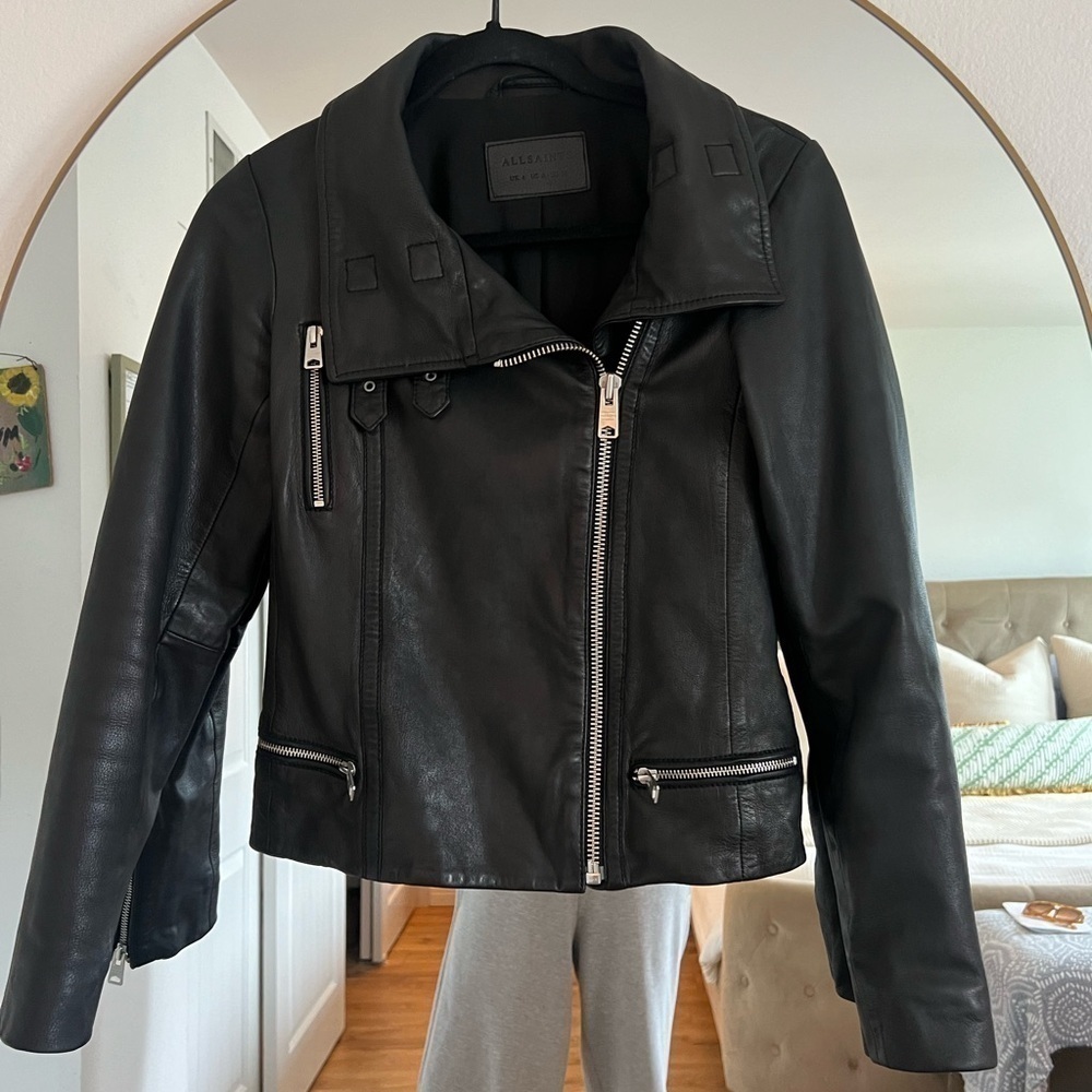 AllSaints Bales Leather Biker Jacket Black Lamb Leather Asymmetric Zip – US 0